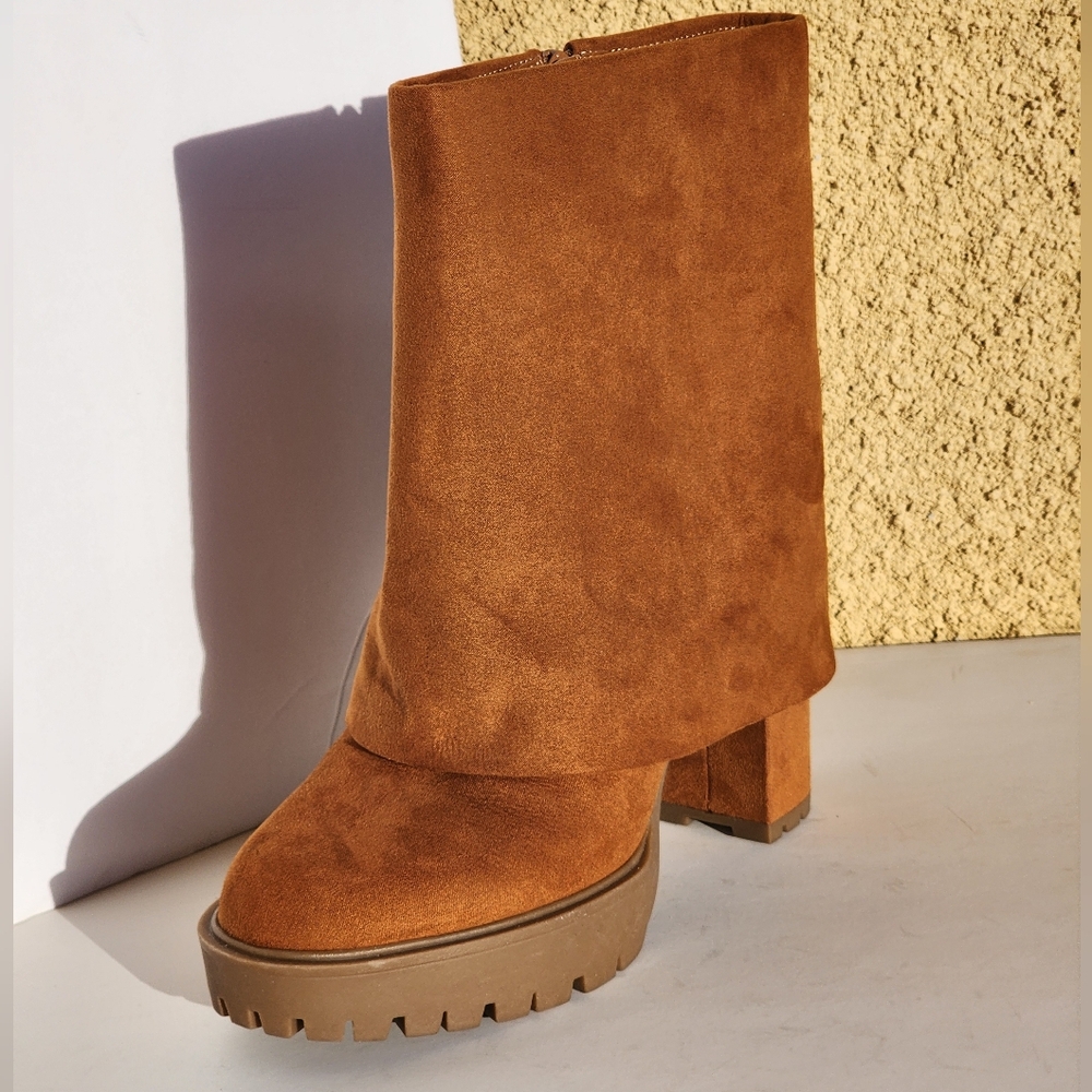 INC Women's Acelina Suede Cognac Cuff Platform Ankle Booties Size 8